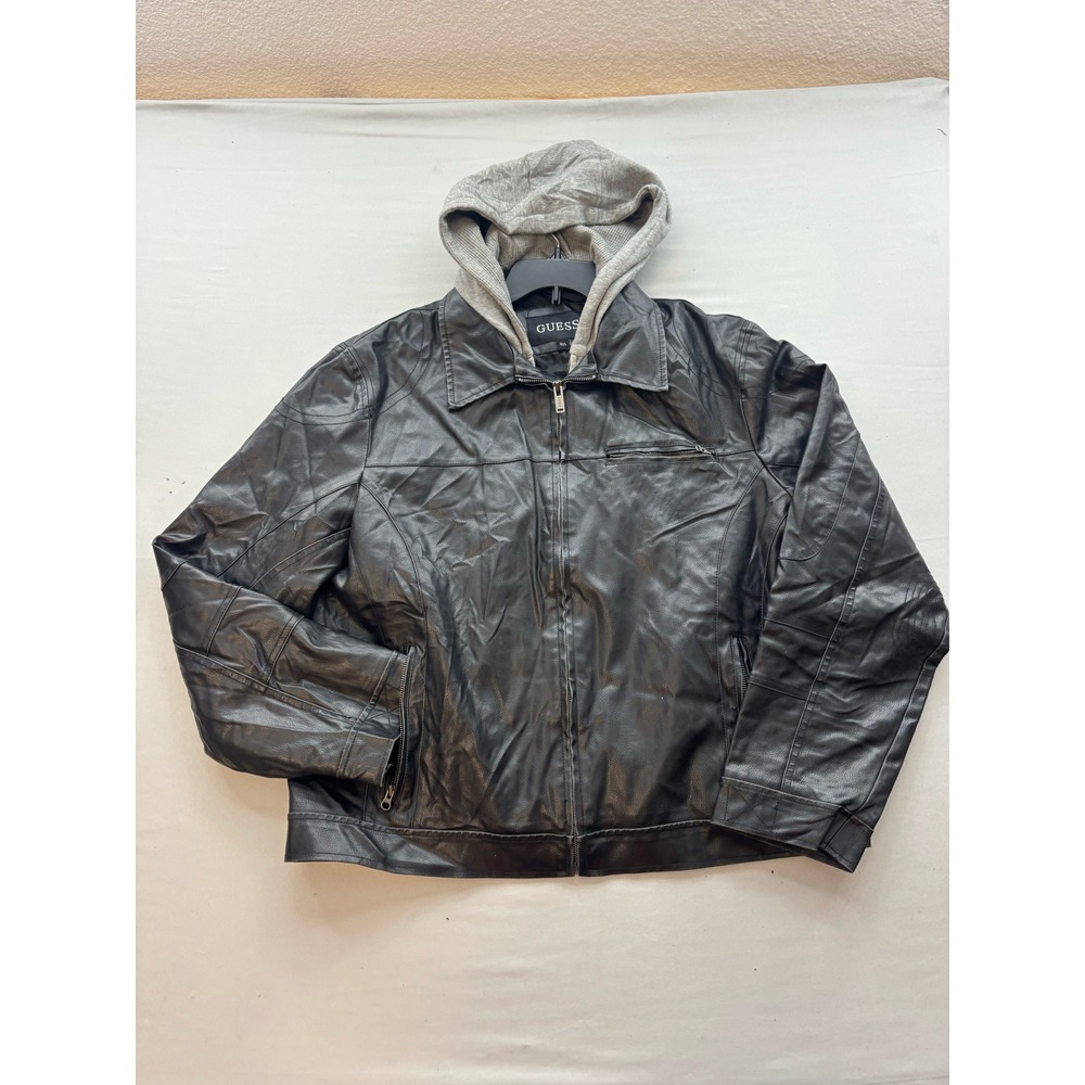 Guess Mens Faux Leather Jacket Black Hooded Zip Up Moto Coat XXL